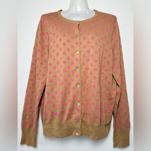 LANDS END Camel Brown cardigan sweater supima cotton polka dot sz Large stretchy